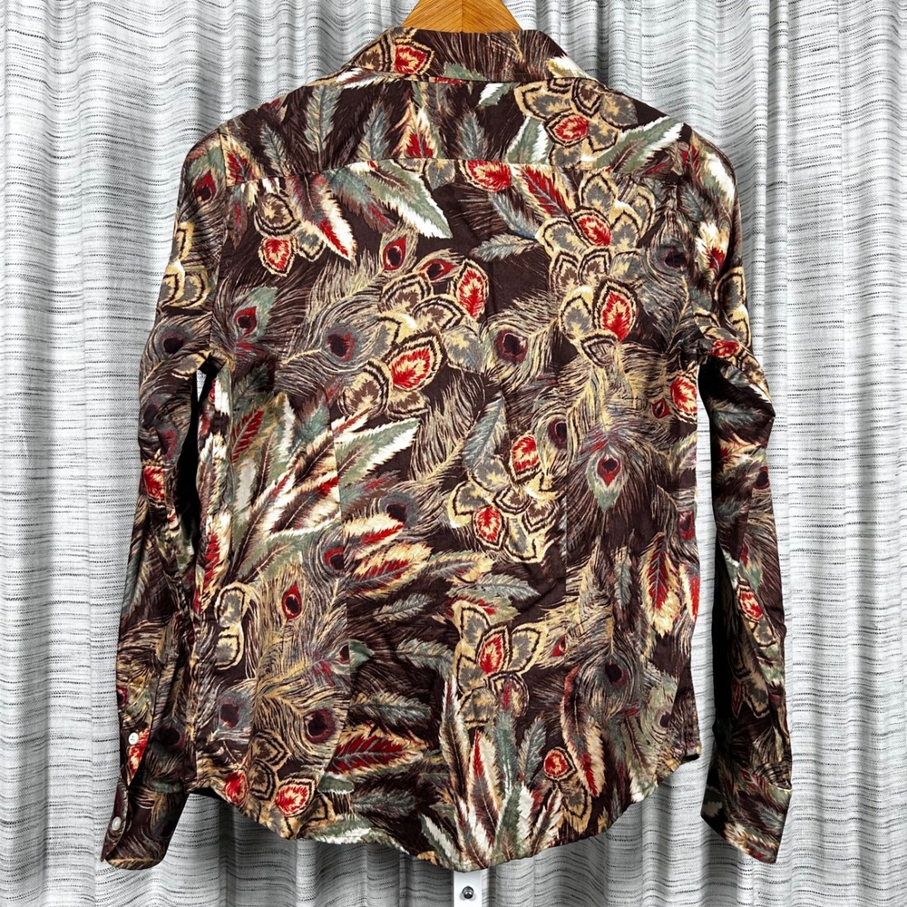 Lauren Ralph Lauren‎ Petite PM Brown Peacock Feather Floral Cotton Button Up EUC - Picture 3 of 7
